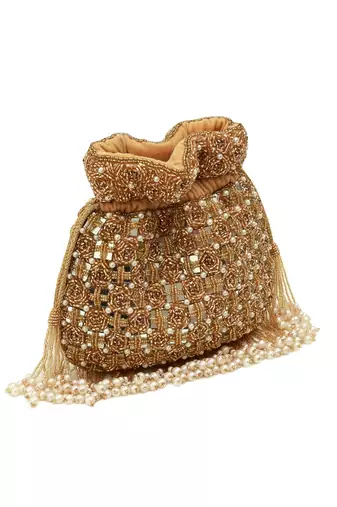 Gold suede pearl embroidered potli bag