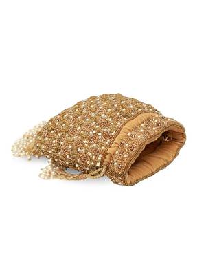 Gold suede pearl embroidered potli bag 2