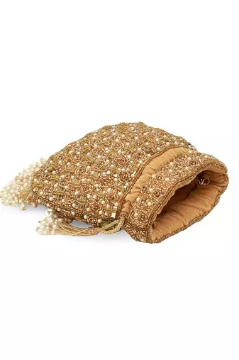 Gold suede pearl embroidered potli bag