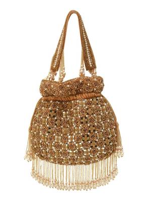 Gold suede pearl embroidered potli bag 3