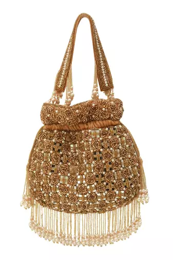 Gold suede pearl embroidered potli bag