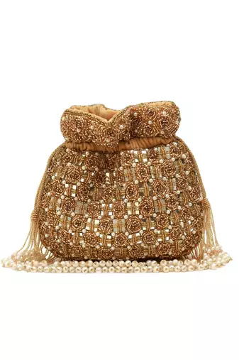 Gold suede pearl embroidered potli bag