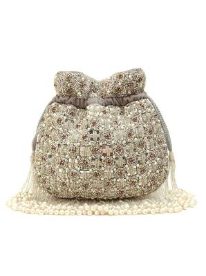 Grey suede pearl embroidered potli bag 1