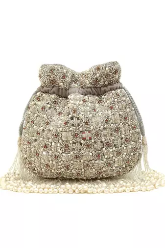 Grey suede pearl embroidered potli bag