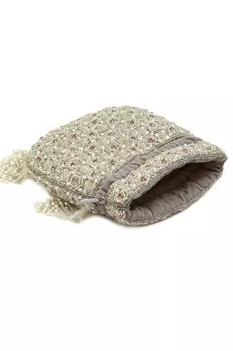 Grey suede pearl embroidered potli bag