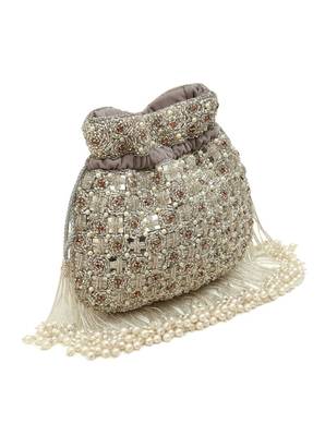 Grey suede pearl embroidered potli bag 3