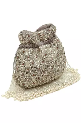 Grey suede pearl embroidered potli bag