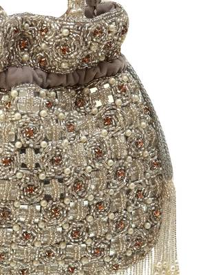 Grey suede pearl embroidered potli bag 4