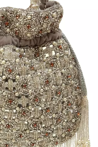 Grey suede pearl embroidered potli bag
