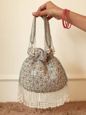 Grey suede pearl embroidered potli bag 5