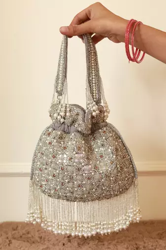 Grey suede pearl embroidered potli bag