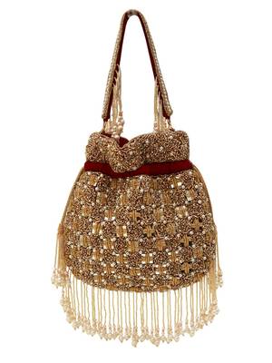 Red suede pearl embroidered potli bag 1
