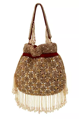 Red suede pearl embroidered potli bag