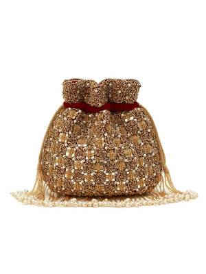 Red suede pearl embroidered potli bag 2