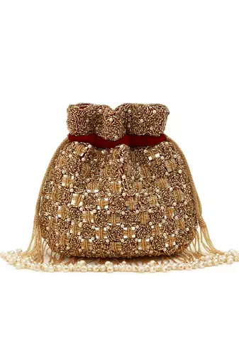 Red suede pearl embroidered potli bag