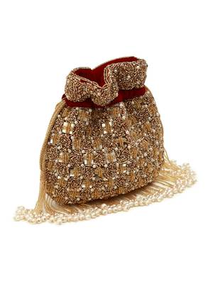 Red suede pearl embroidered potli bag 3