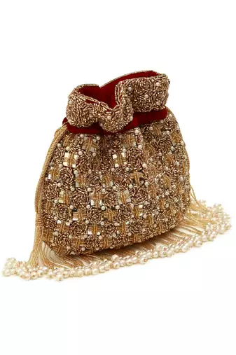 Red suede pearl embroidered potli bag