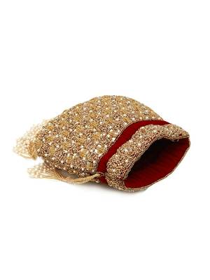 Red suede pearl embroidered potli bag 4