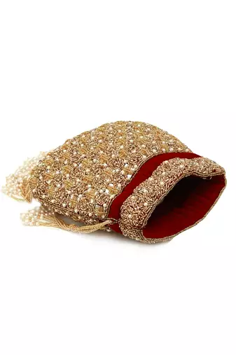 Red suede pearl embroidered potli bag