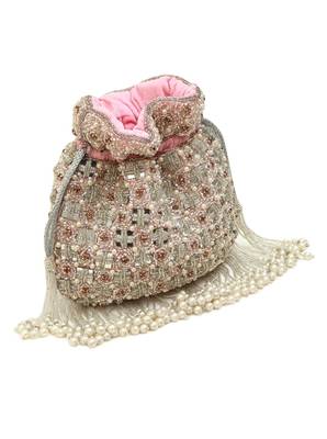 Pink suede pearl embroidered potli bag 1