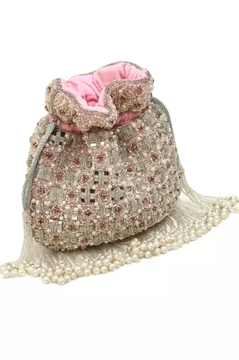 Pink suede pearl embroidered potli bag