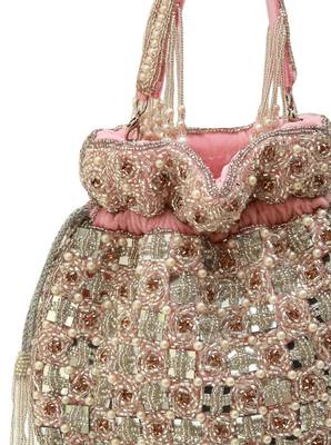 Pink suede pearl embroidered potli bag 2