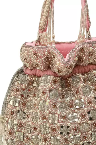 Pink suede pearl embroidered potli bag