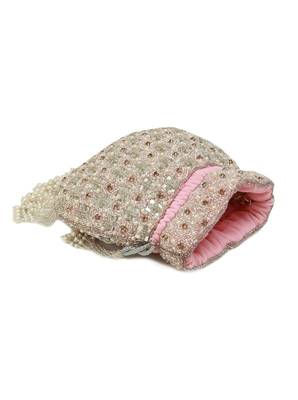 Pink suede pearl embroidered potli bag 3