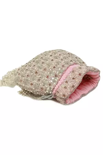 Pink suede pearl embroidered potli bag