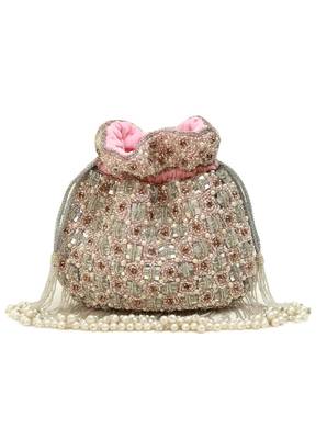 Pink suede pearl embroidered potli bag 4