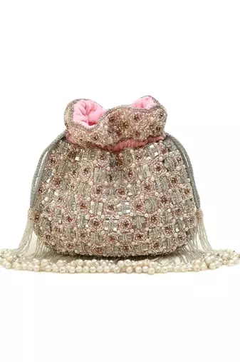 Pink suede pearl embroidered potli bag