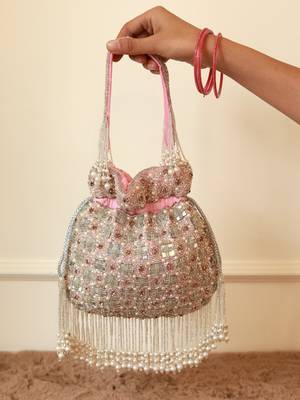 Pink suede pearl embroidered potli bag 5