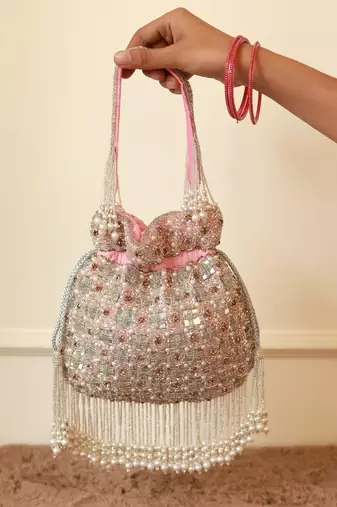 Pink suede pearl embroidered potli bag