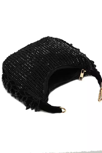 Black suede beads embroidered Hand Bag