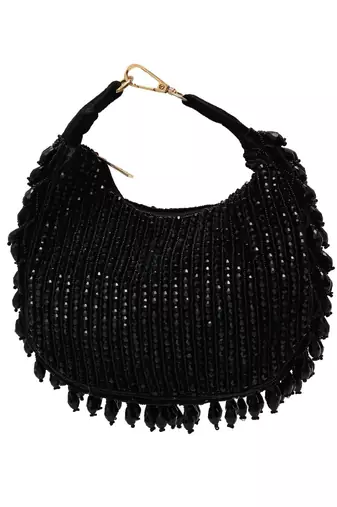 Black suede beads embroidered Hand Bag