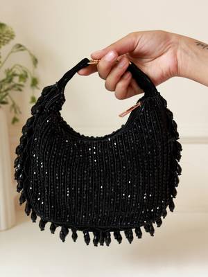 Black suede beads embroidered Hand Bag 5