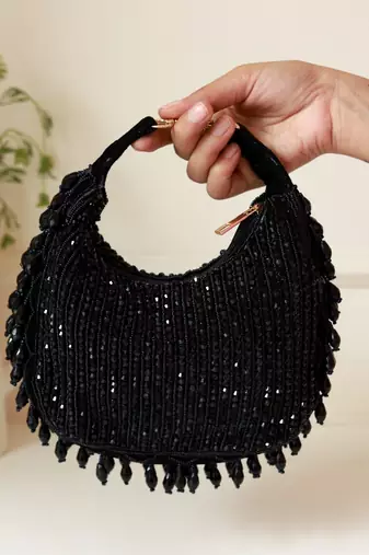 Black suede beads embroidered Hand Bag