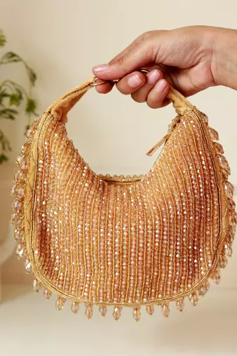 Gold suede beads embroidered Hand Bag