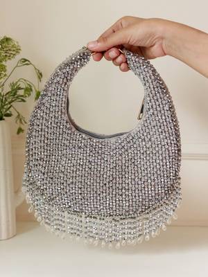 Grey suede beads embroidered Hand Bag 5