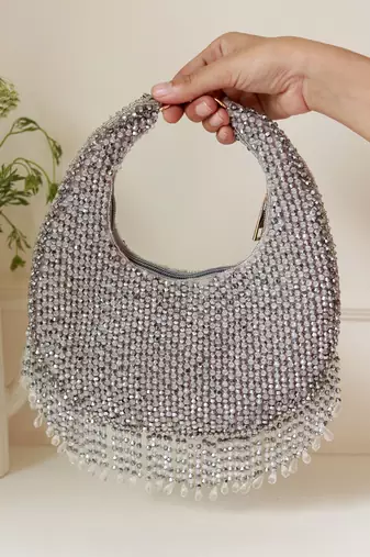Grey suede beads embroidered Hand Bag