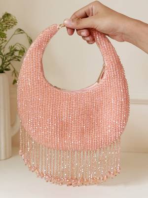Pink suede beads embroidered Hand Bag 5