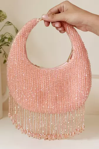Pink suede beads embroidered Hand Bag