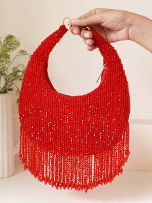 Red suede beads embroidered Hand Bag 5