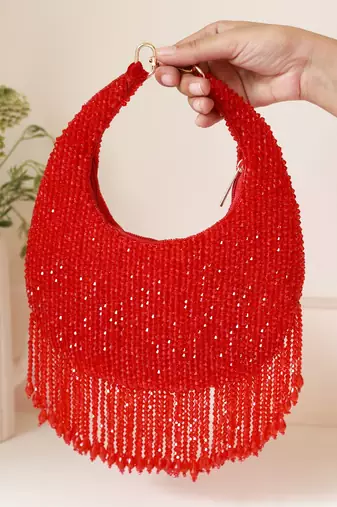 Red suede beads embroidered Hand Bag