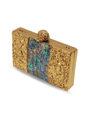 Gold suede embroidered clutch 1