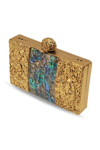 Gold suede embroidered clutch