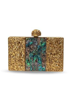 Gold suede embroidered clutch 2