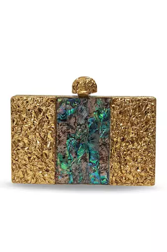 Gold suede embroidered clutch