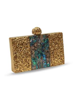 Gold suede embroidered clutch 3