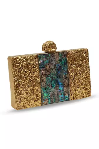 Gold suede embroidered clutch